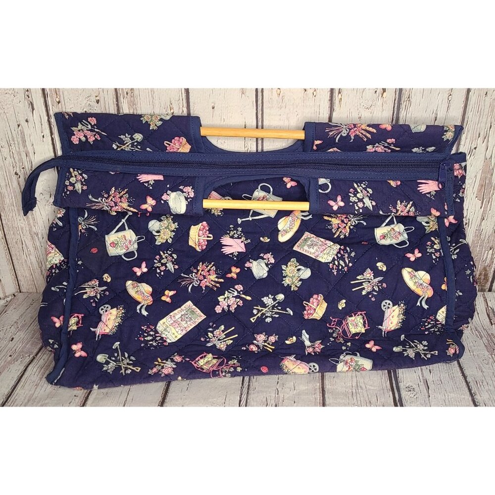 17" Handmade Joan Kessler Quilted Cotton Gardening Tote Floral Navy Fabric Large
